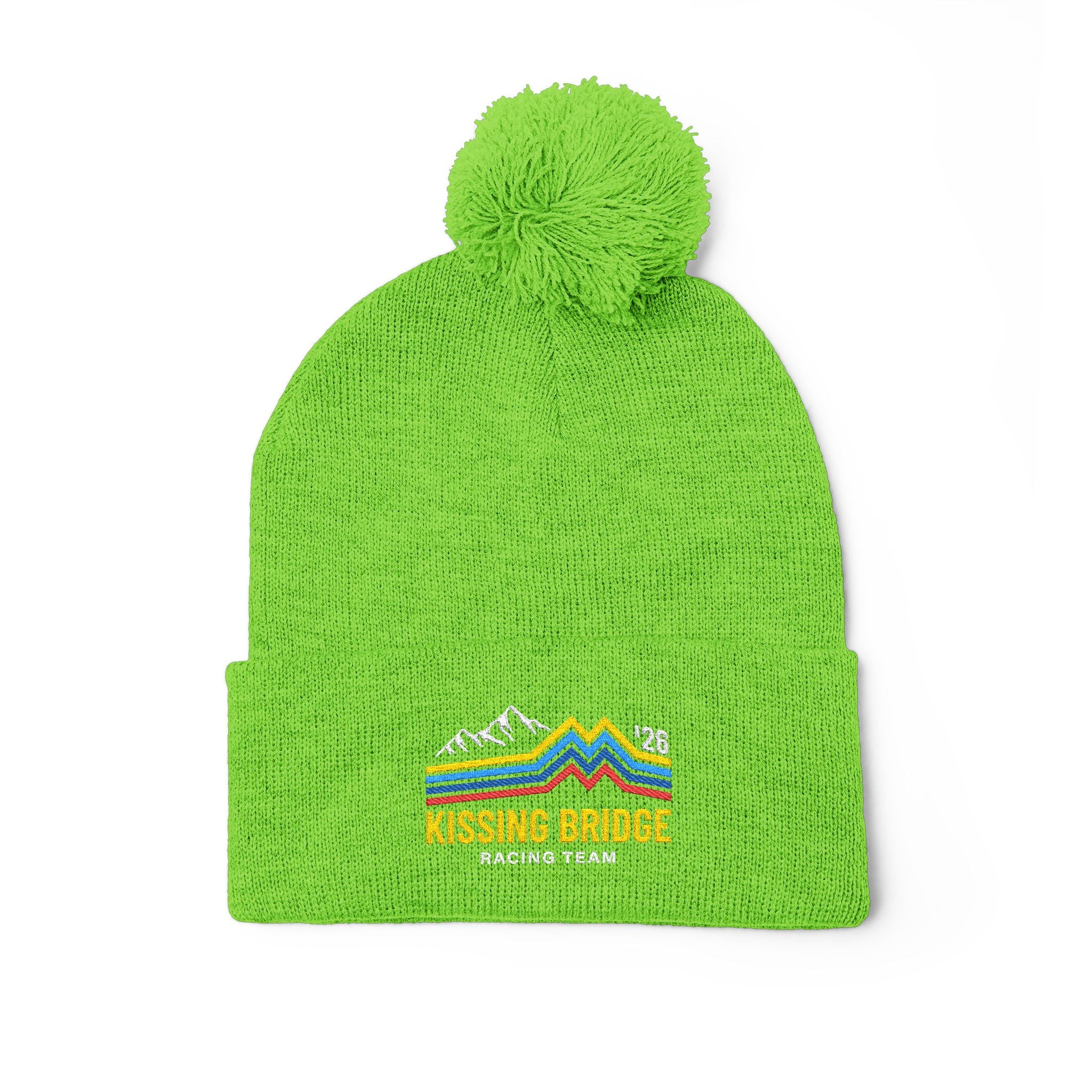Kissing Bridge Racing Team | Retro Mountain Stripe '26 — Pom-Pom Knit Cap