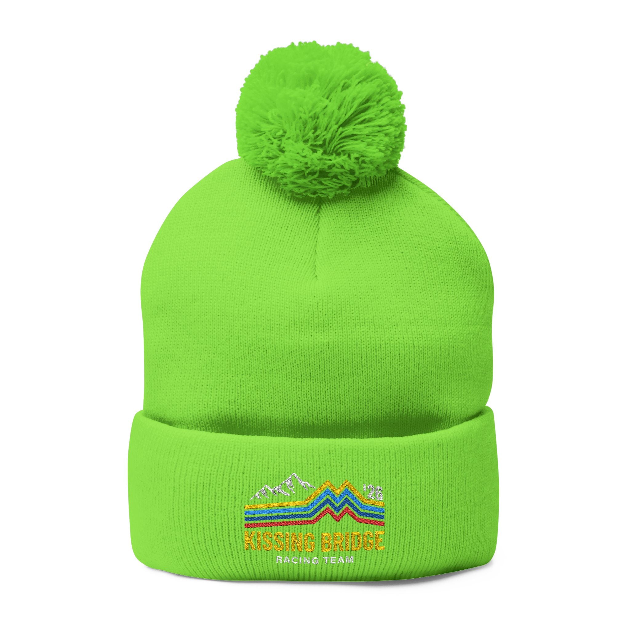 Kissing Bridge Racing Team | Retro Mountain Stripe '26 — Pom-Pom Knit Cap