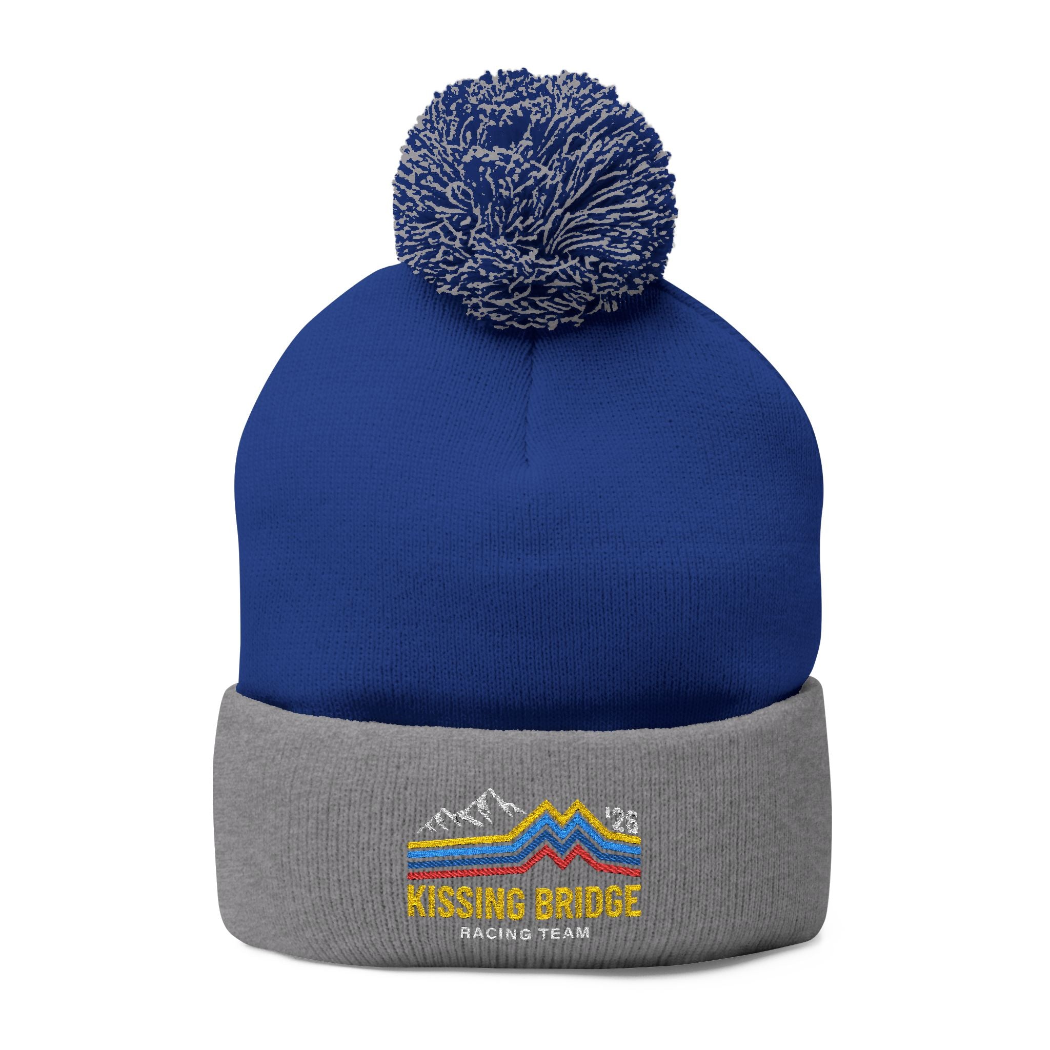 Kissing Bridge Racing Team | Retro Mountain Stripe '26 — Pom-Pom Knit Cap