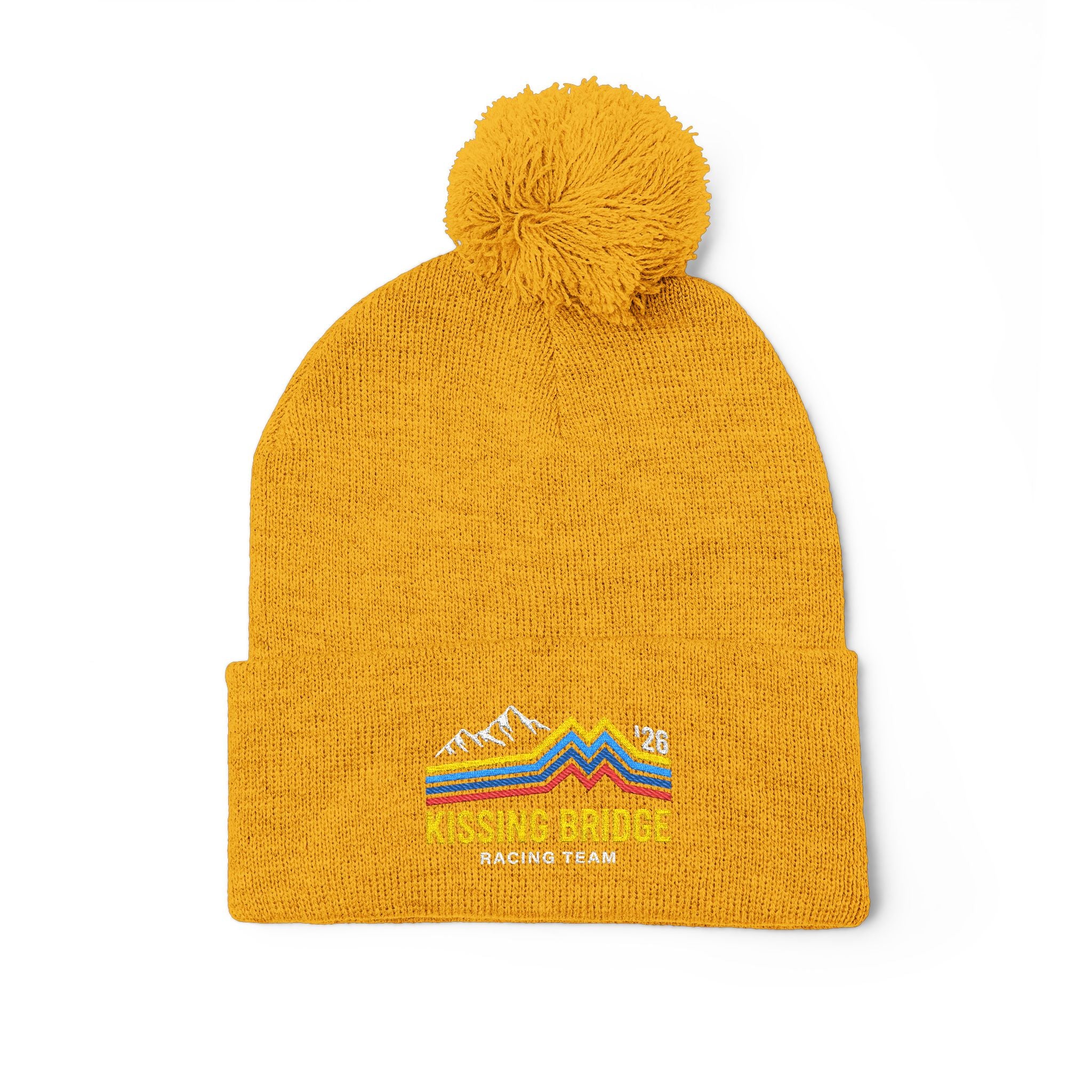 Kissing Bridge Racing Team | Retro Mountain Stripe '26 — Pom-Pom Knit Cap