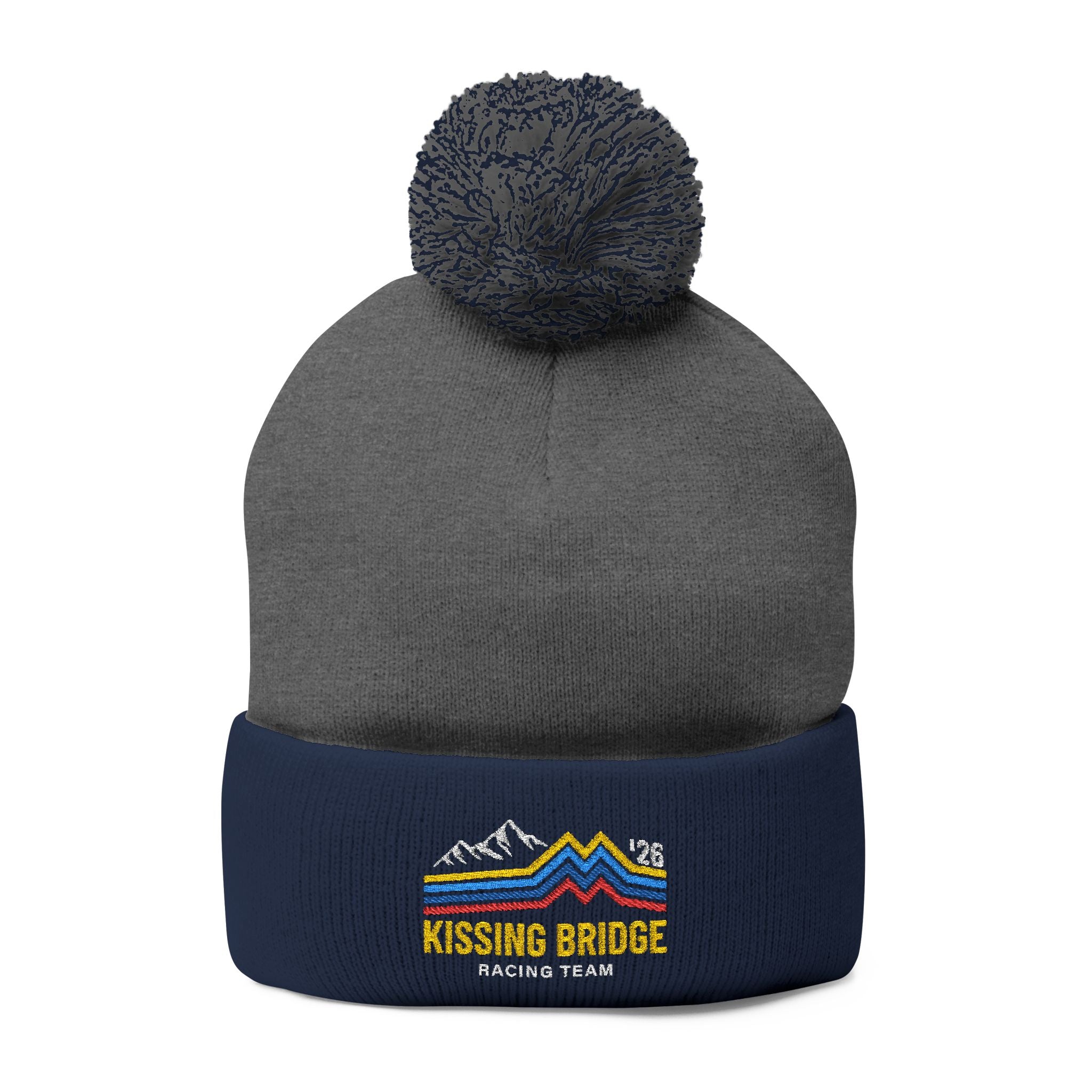 Kissing Bridge Racing Team | Retro Mountain Stripe '26 — Pom-Pom Knit Cap