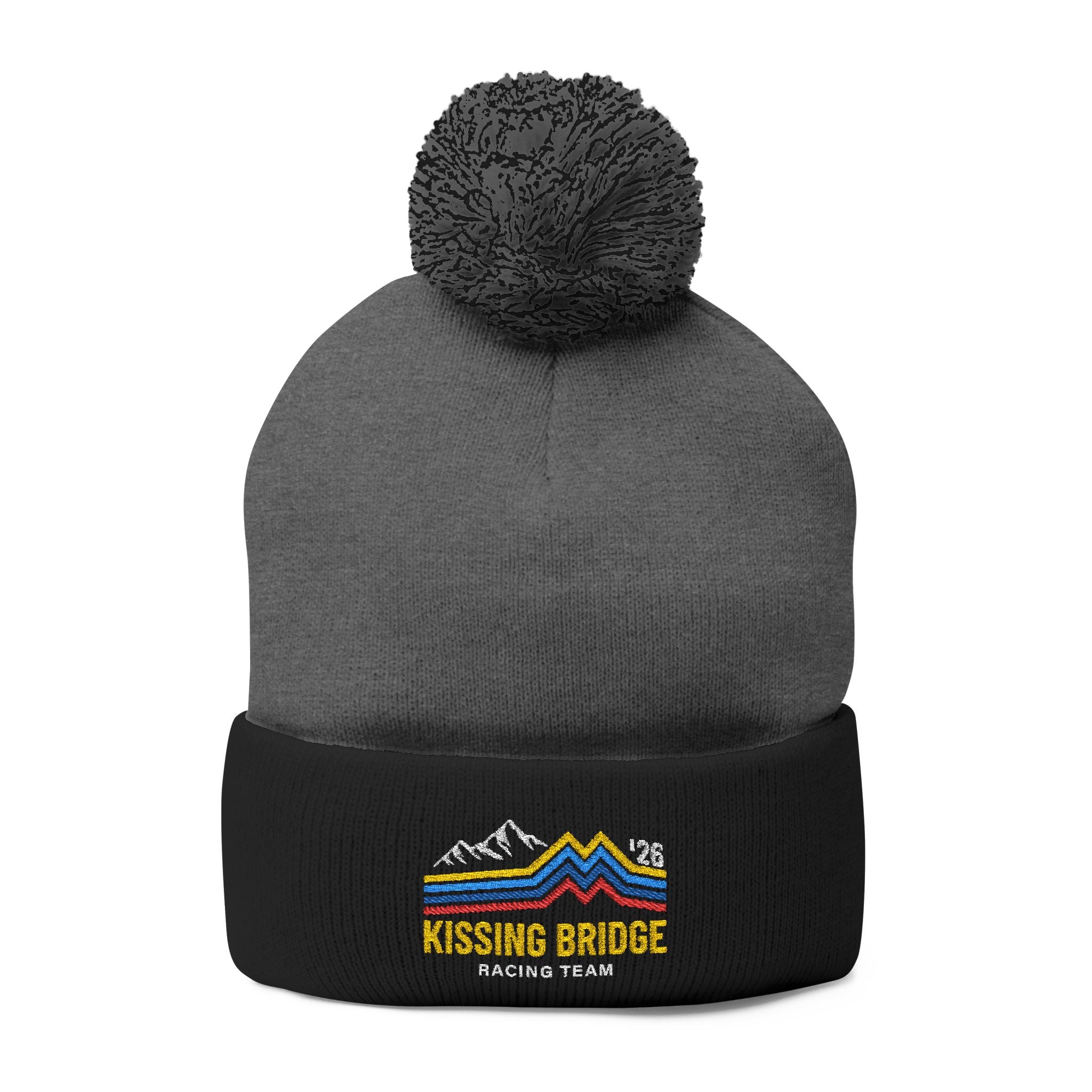 Kissing Bridge Racing Team | Retro Mountain Stripe '26 — Pom-Pom Knit Cap