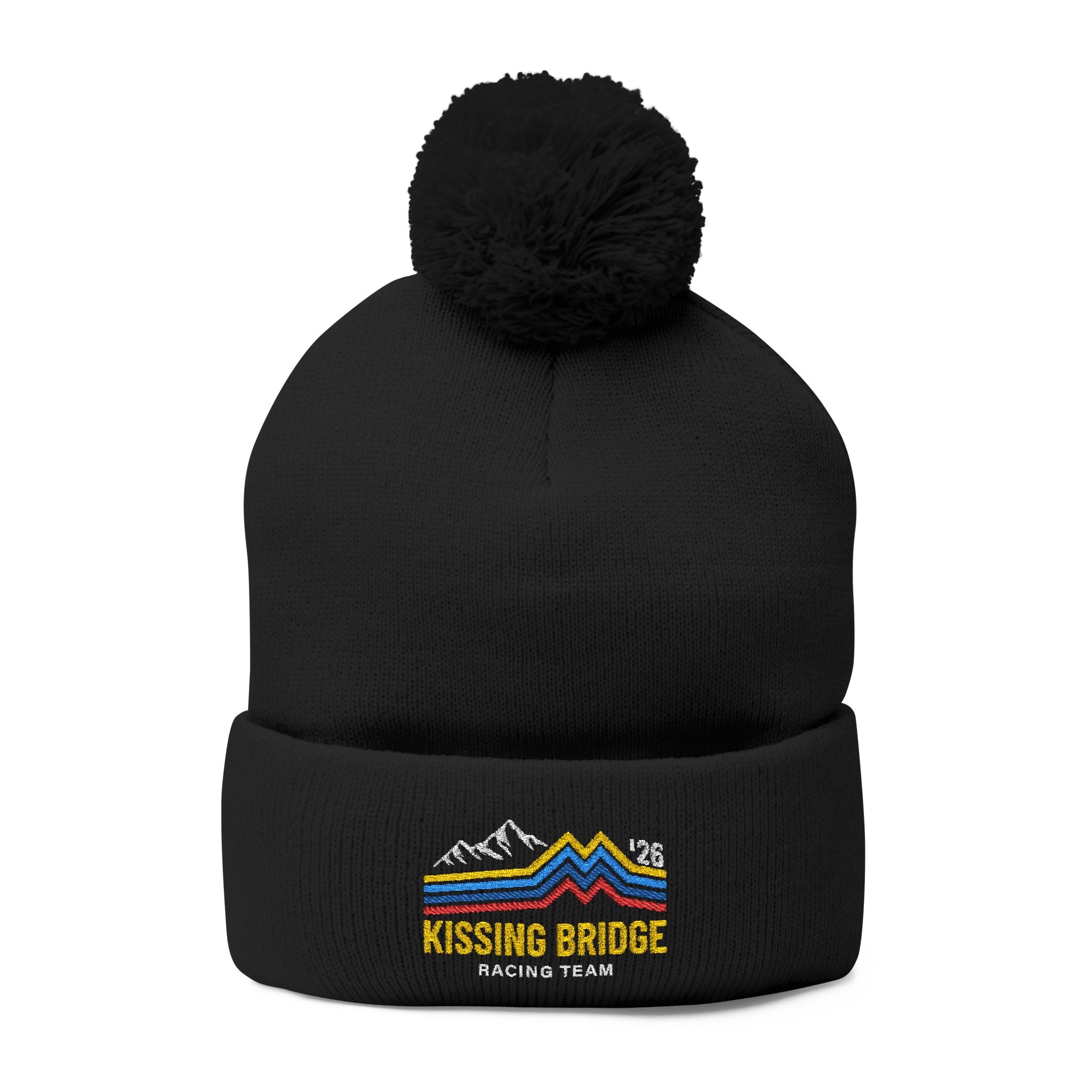 Kissing Bridge Racing Team | Retro Mountain Stripe '26 — Pom-Pom Knit Cap
