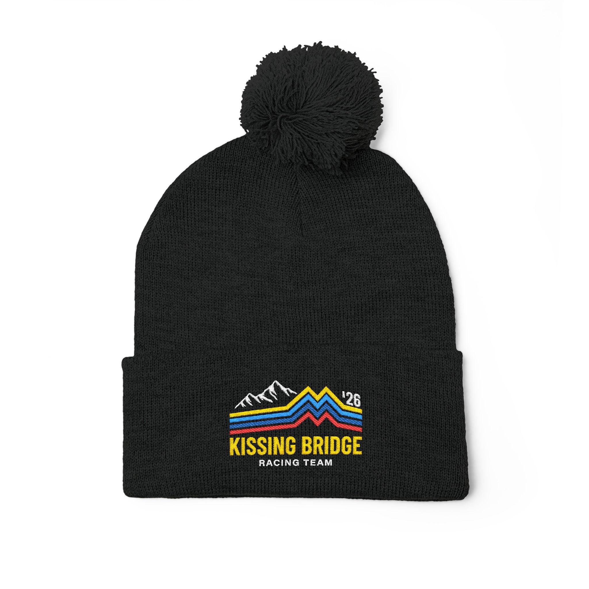 Kissing Bridge Racing Team | Retro Mountain Stripe '26 — Pom-Pom Knit Cap
