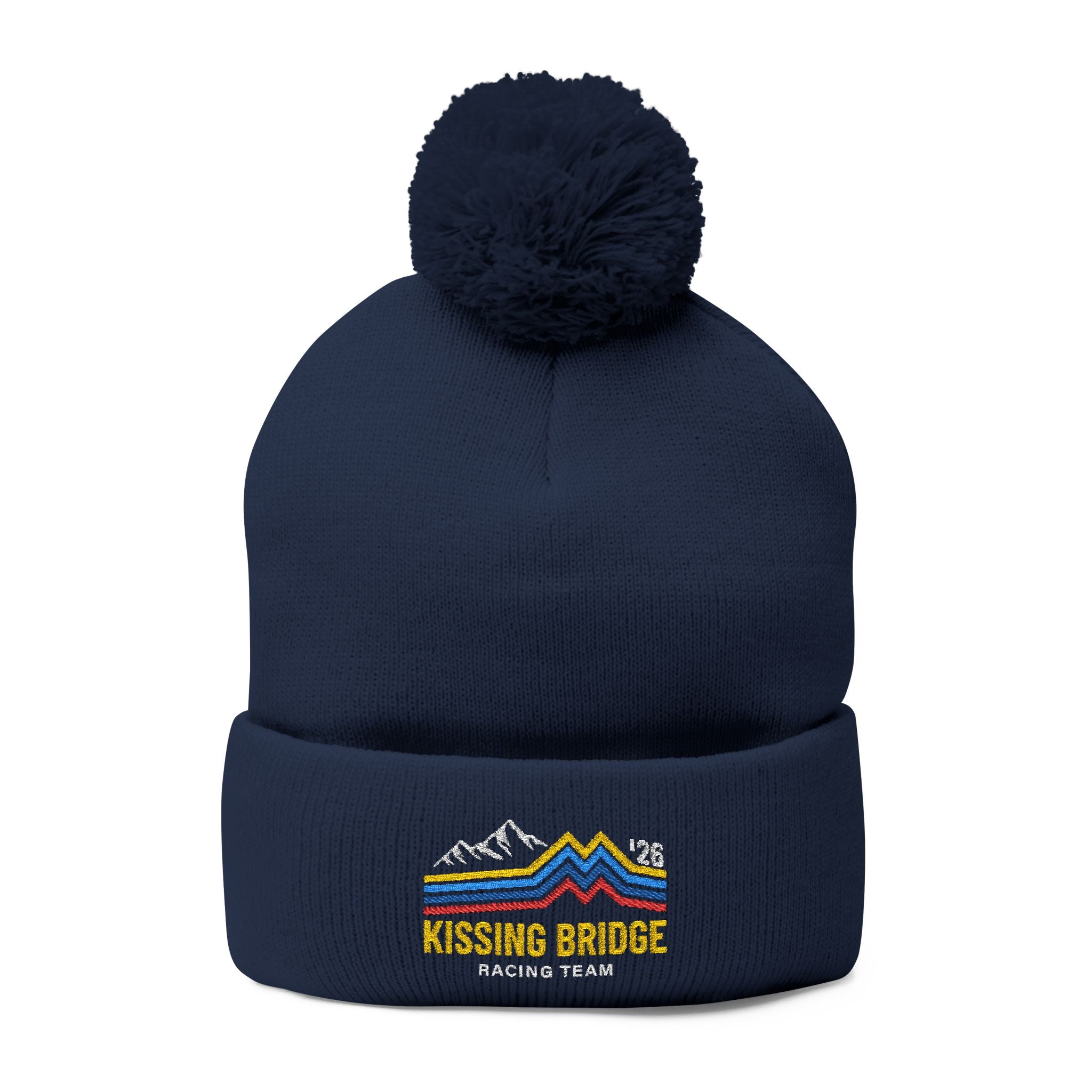Kissing Bridge Racing Team | Retro Mountain Stripe '26 — Pom-Pom Knit Cap