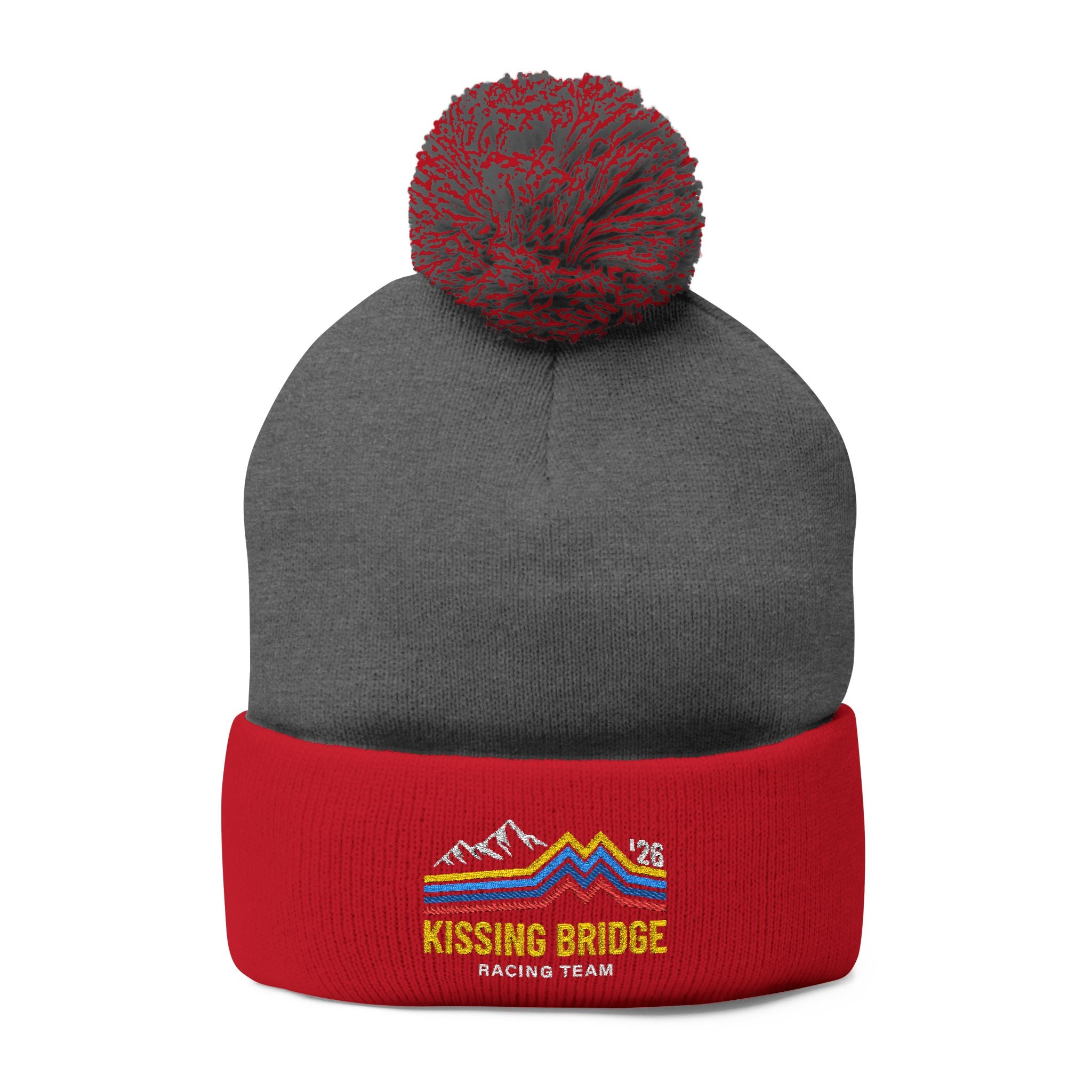 Kissing Bridge Racing Team | Retro Mountain Stripe '26 — Pom-Pom Knit Cap