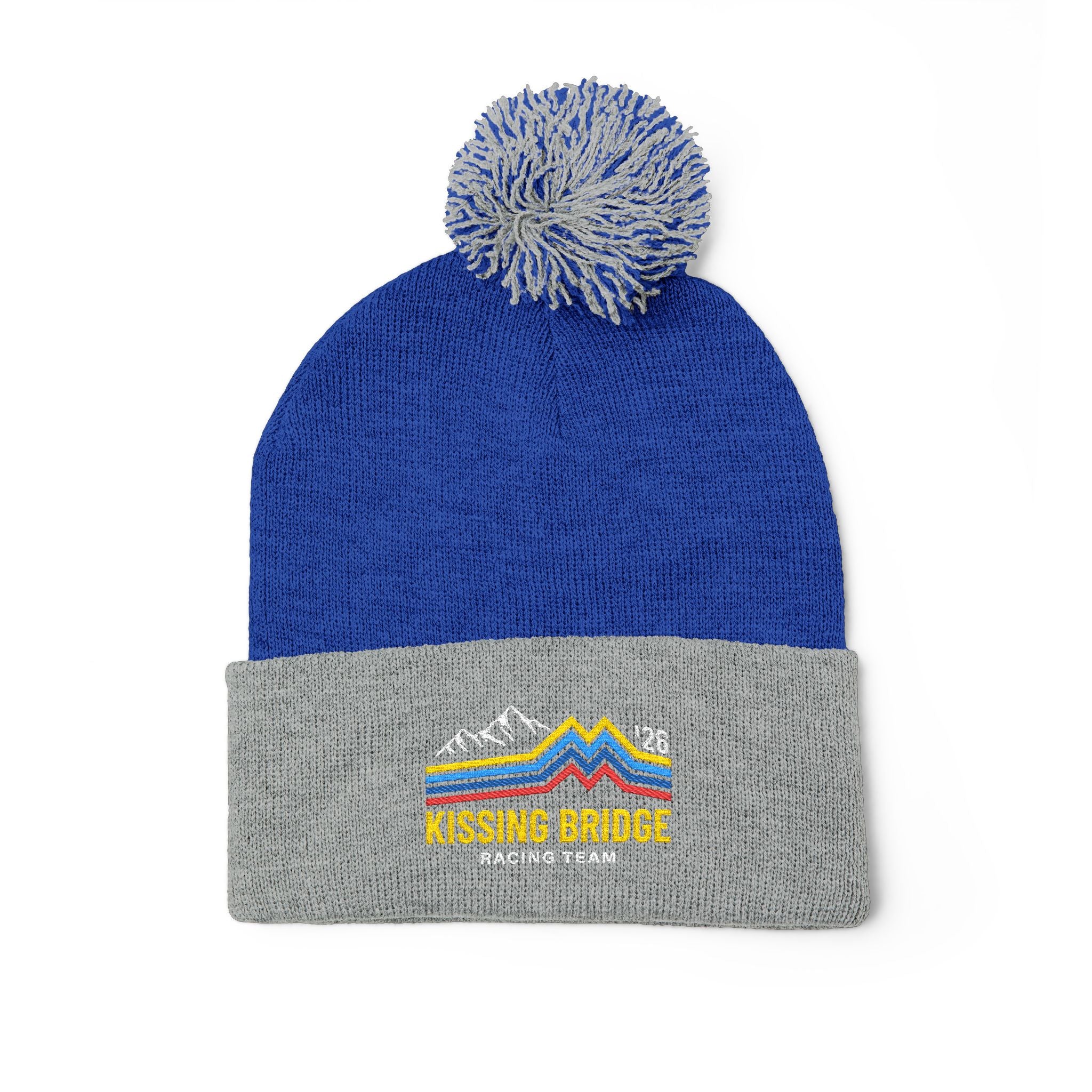 Kissing Bridge Racing Team | Retro Mountain Stripe '26 — Pom-Pom Knit Cap