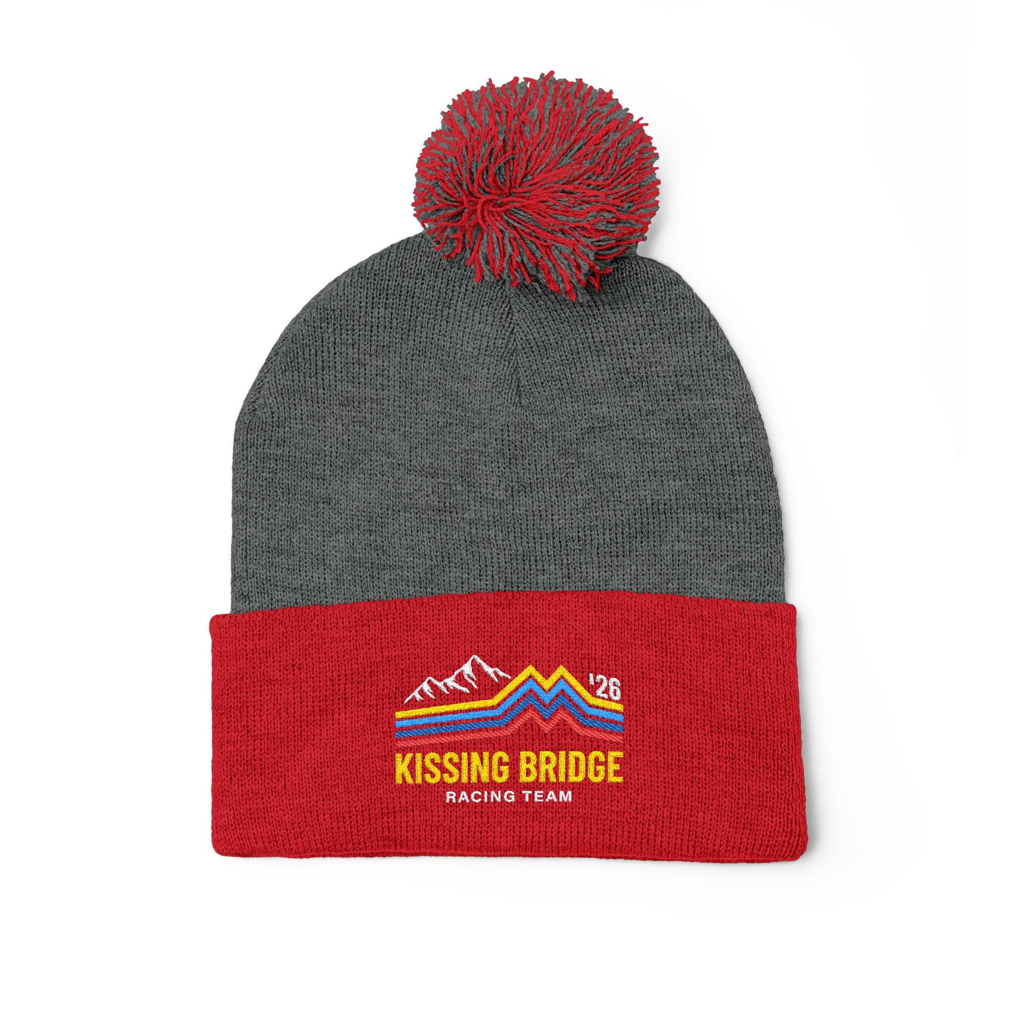 Kissing Bridge Racing Team | Retro Mountain Stripe '26 — Pom-Pom Knit Cap