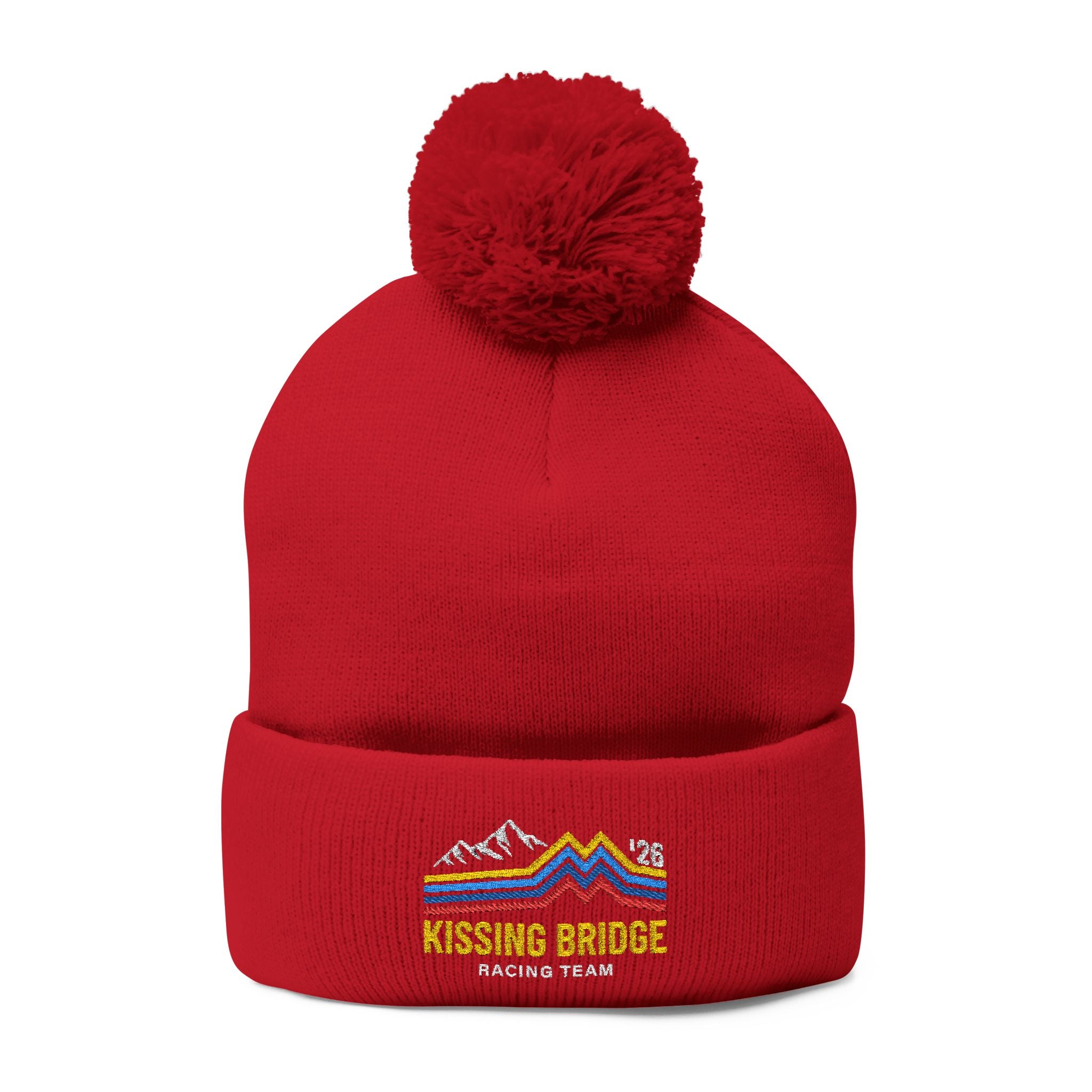 Kissing Bridge Racing Team | Retro Mountain Stripe '26 — Pom-Pom Knit Cap