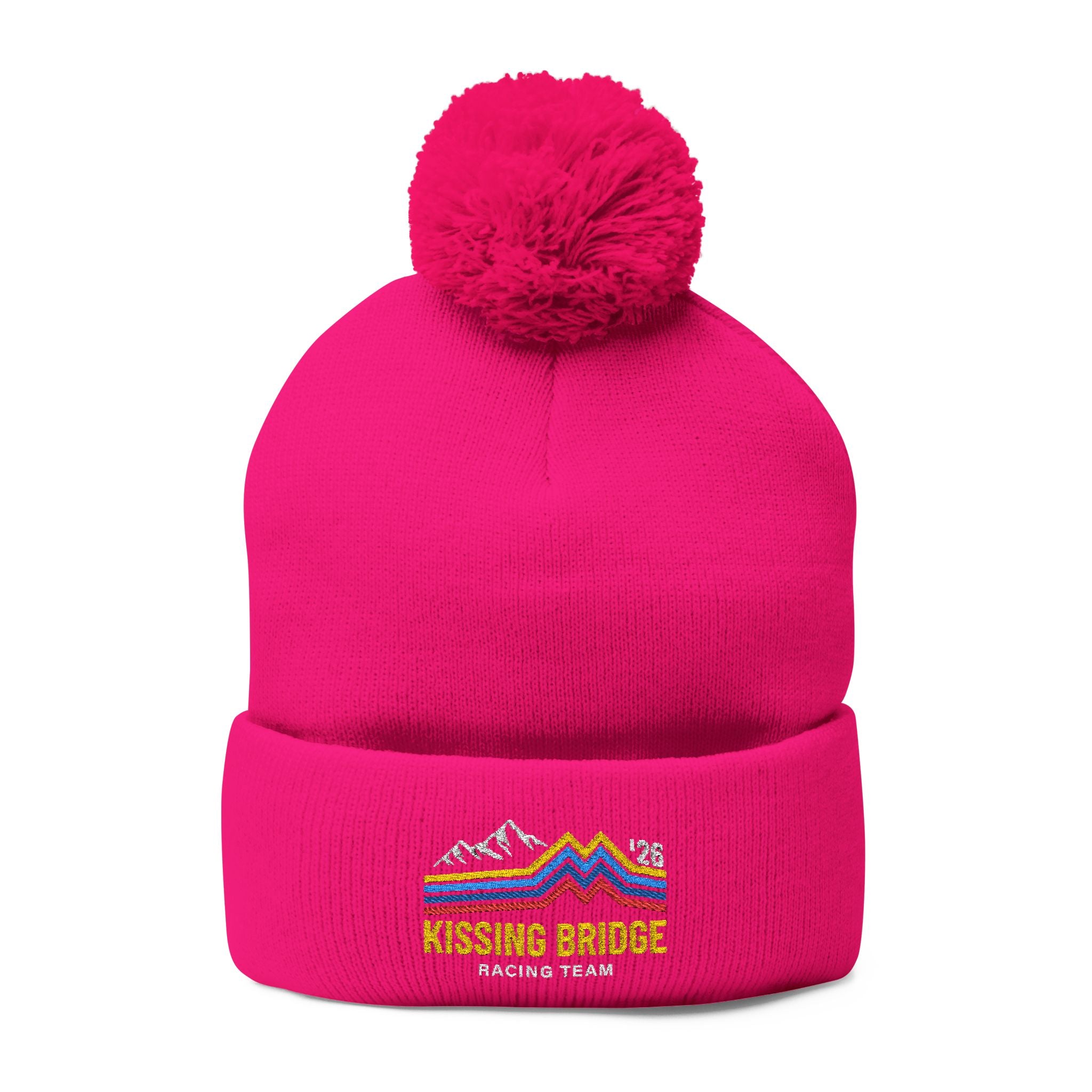 Kissing Bridge Racing Team | Retro Mountain Stripe '26 — Pom-Pom Knit Cap