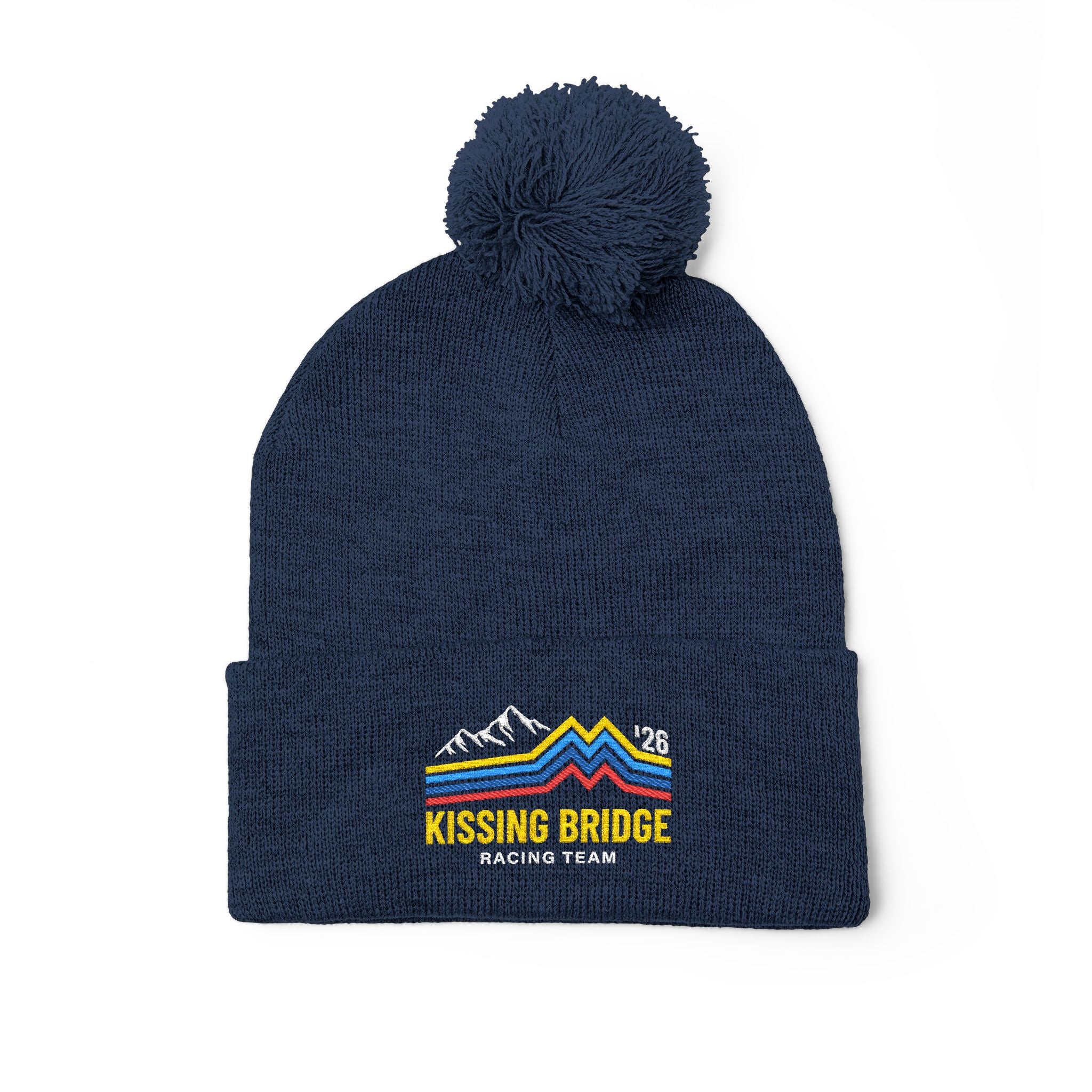 Kissing Bridge Racing Team | Retro Mountain Stripe '26 — Pom-Pom Knit Cap