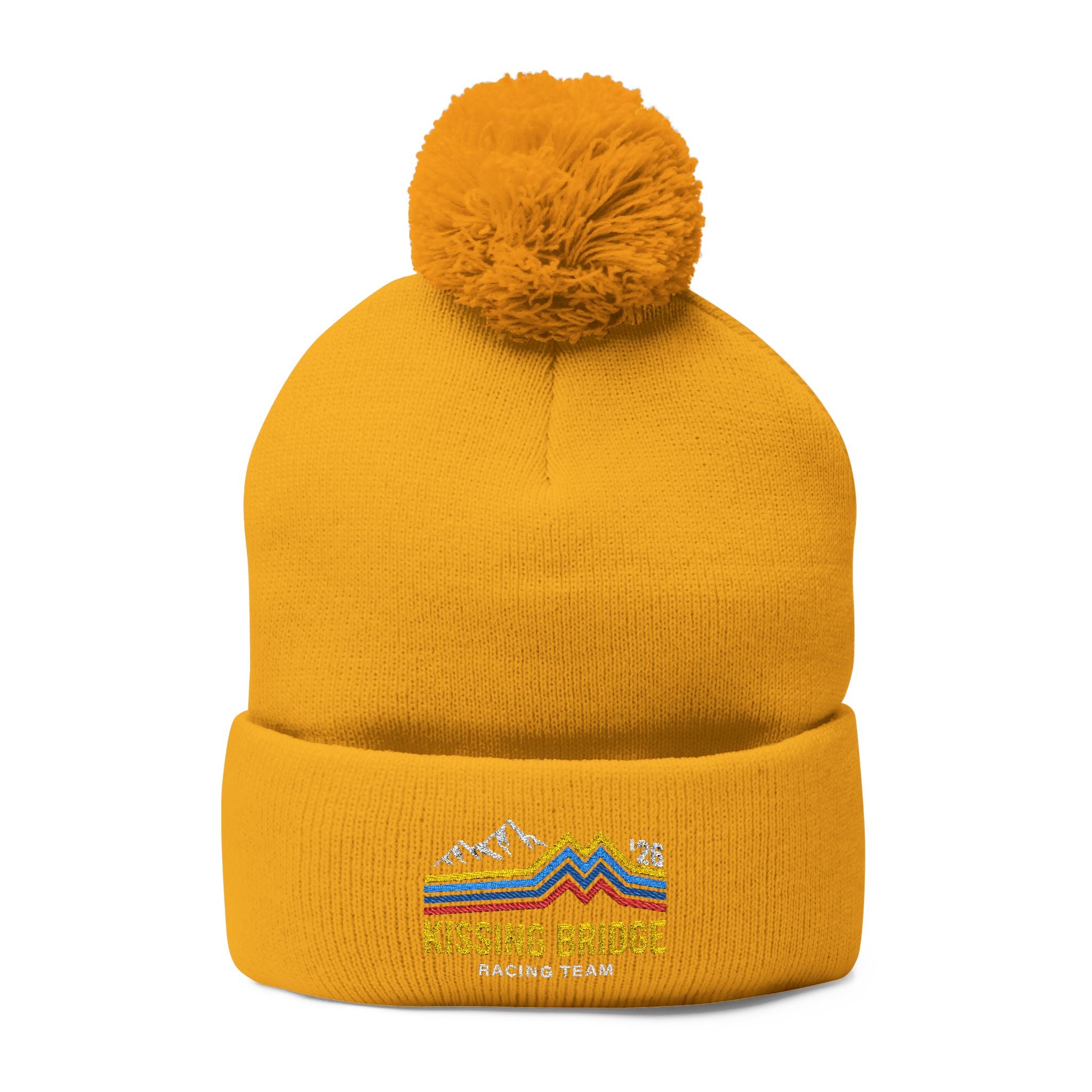 Kissing Bridge Racing Team | Retro Mountain Stripe '26 — Pom-Pom Knit Cap