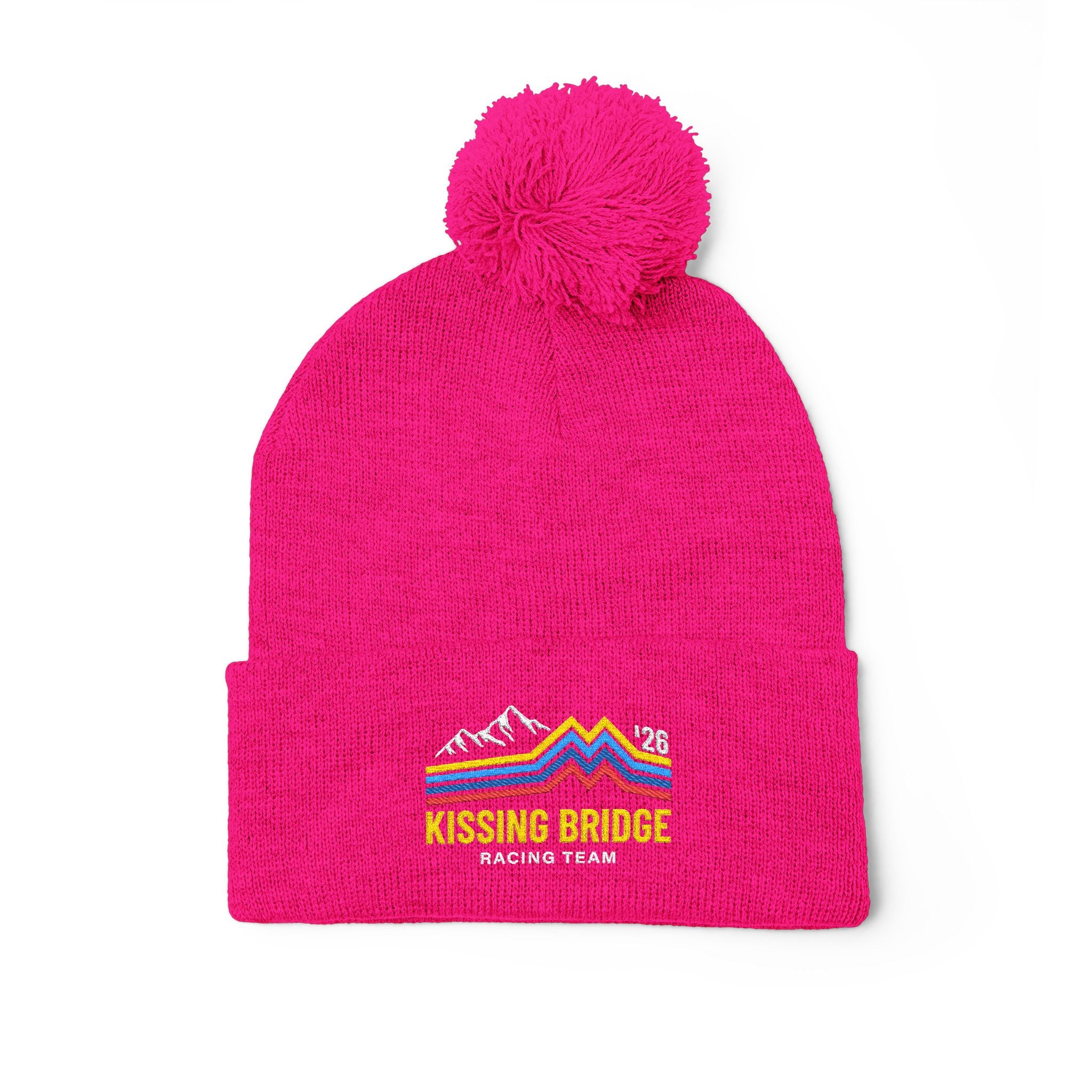 Kissing Bridge Racing Team | Retro Mountain Stripe '26 — Pom-Pom Knit Cap